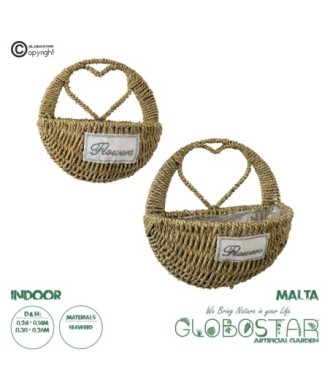 GloboStar® Artificial Garden MALTA 20478 ΣΕΤ 2 Επιτοίχια Ρατάν Πλεκτά Κασπώ Γλάστρες - Flower Pots Μπεζ A:Φ24cm x Υ14cm B:Φ30cm x Υ26cm
